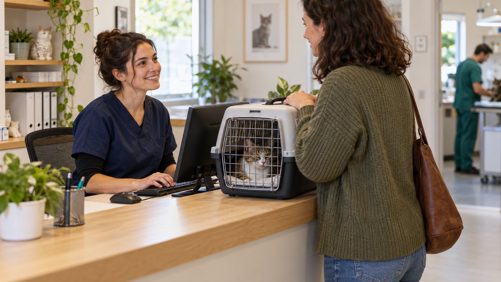 Una recepcionista registra a una clienta con su gato en la recepción de una clínica.