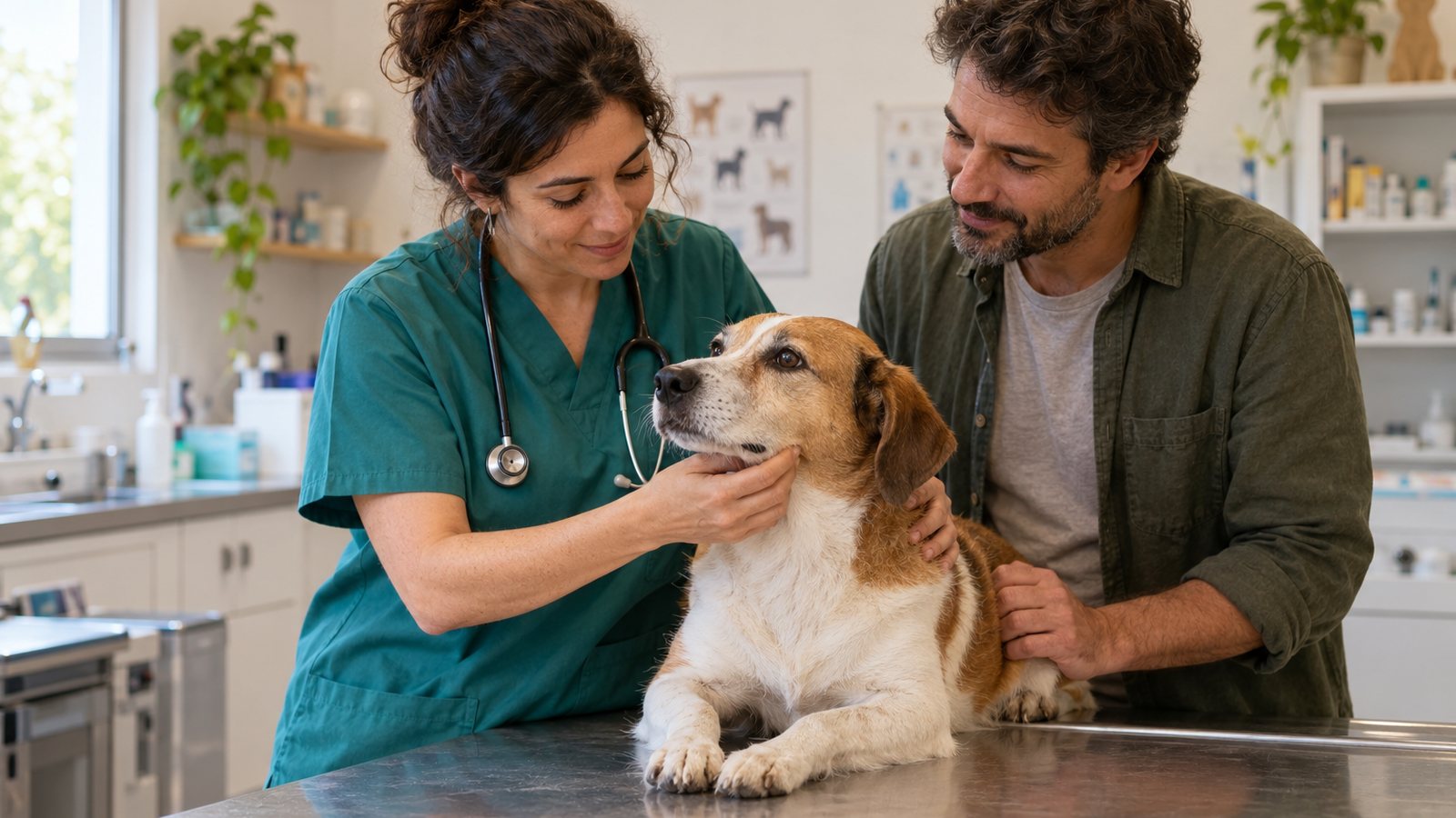 Una veterinaria examina a un perro en su clínica mientras su responsable lo acompaña.