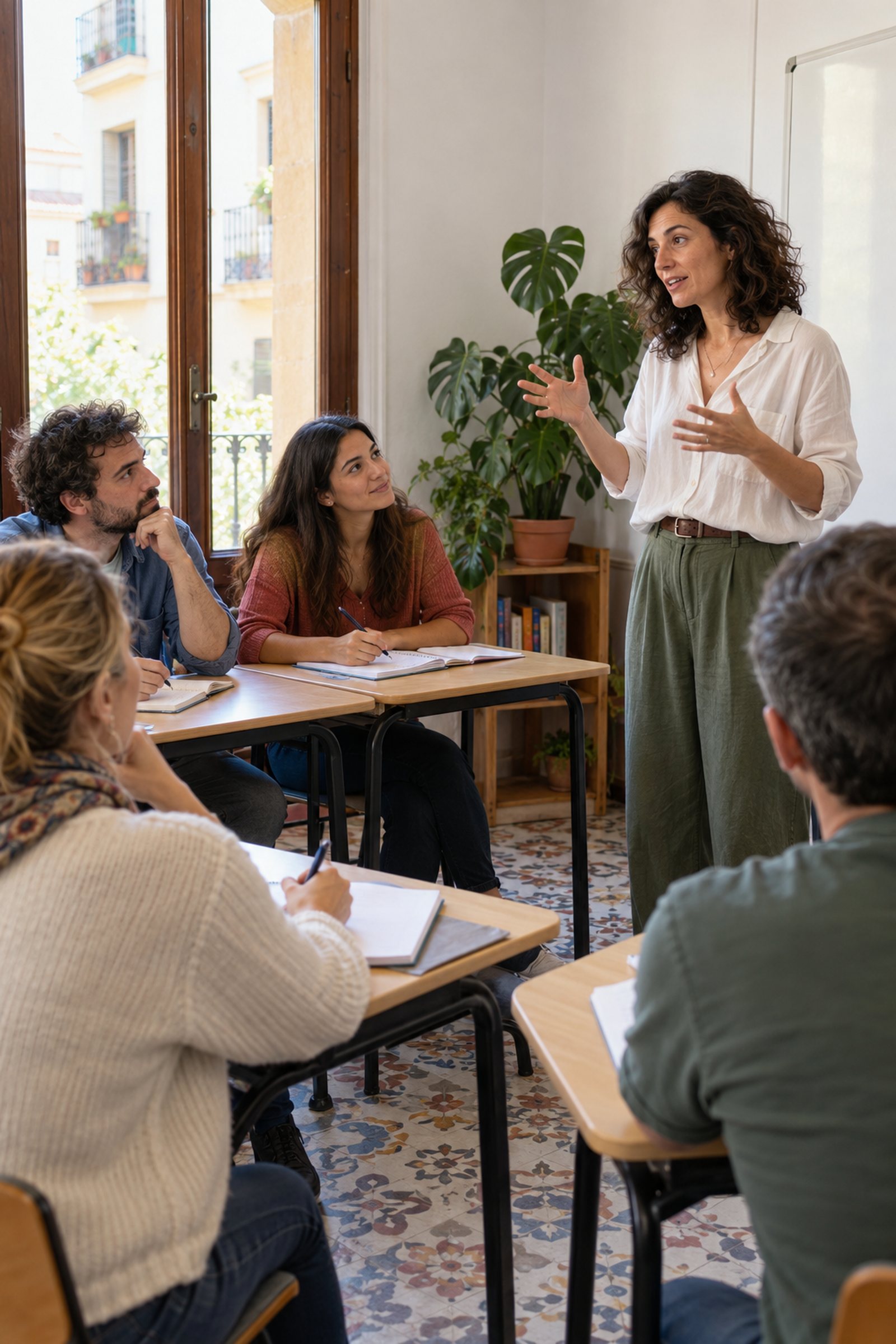 Una docente explica una lección de inglés ante una pizarra en un aula luminosa.