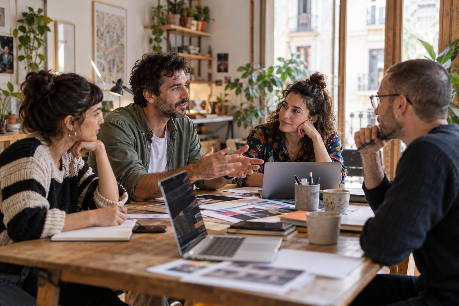 Profesionales conversan y revisan documentos y portátiles en una mesa de reunión.