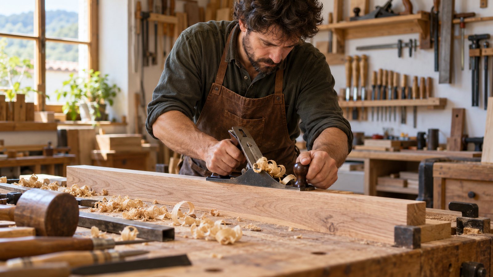 Un artesano trabaja una pieza de madera en un taller de carpintería.