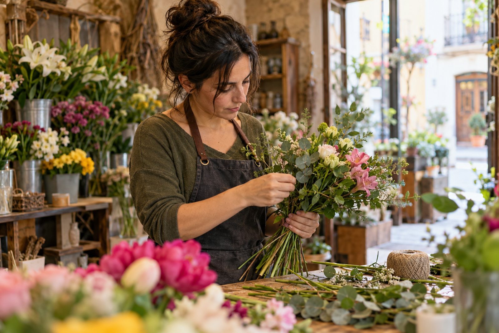 Una florista prepara un ramo de flores sobre el mostrador de su tienda.