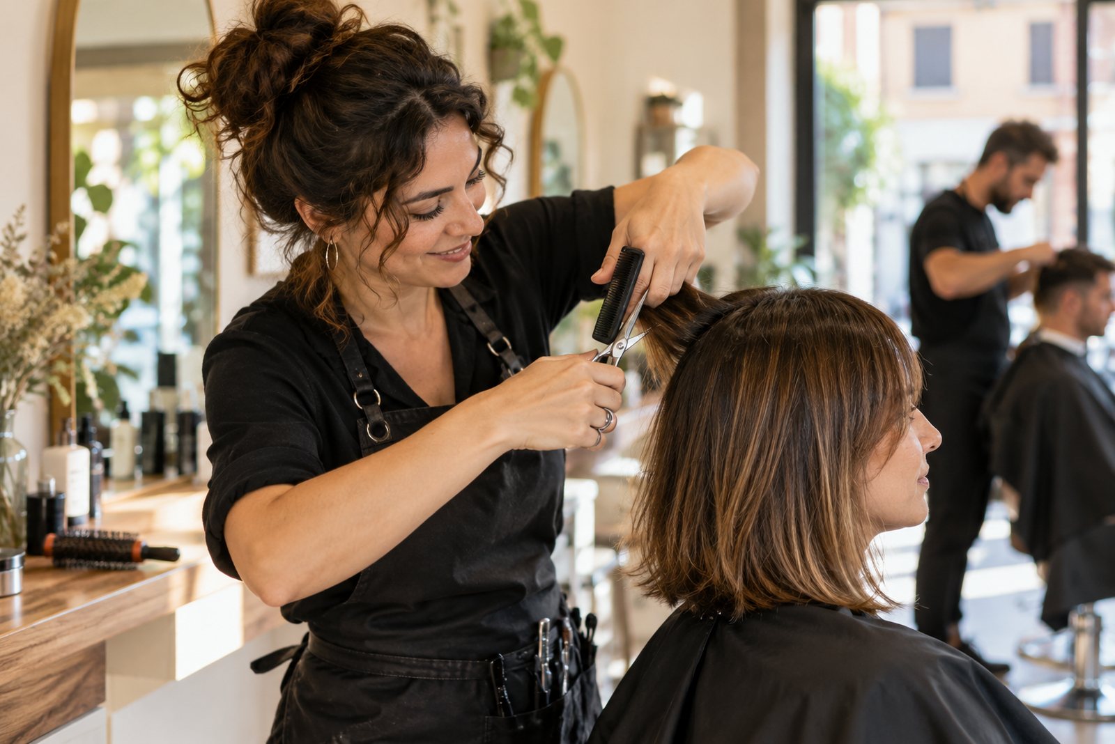 Una peluquera corta el cabello de una clienta en un salón luminoso.
