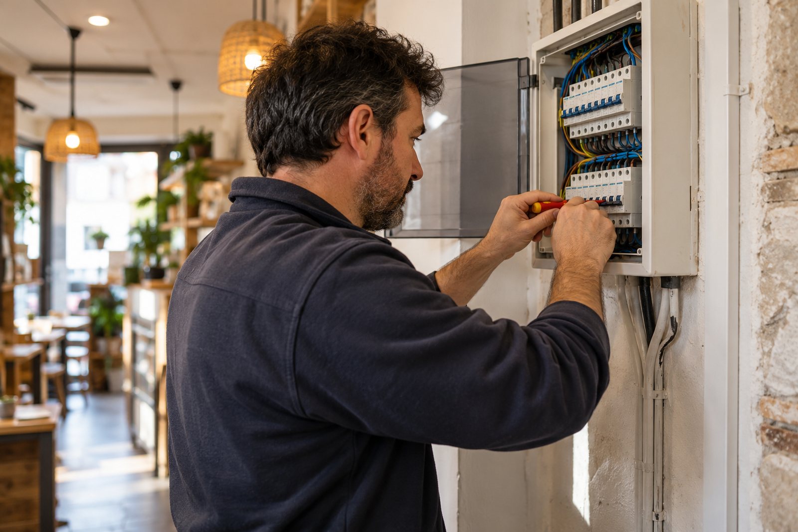Un instalador con casco y guantes trabaja en un cuadro eléctrico exterior.