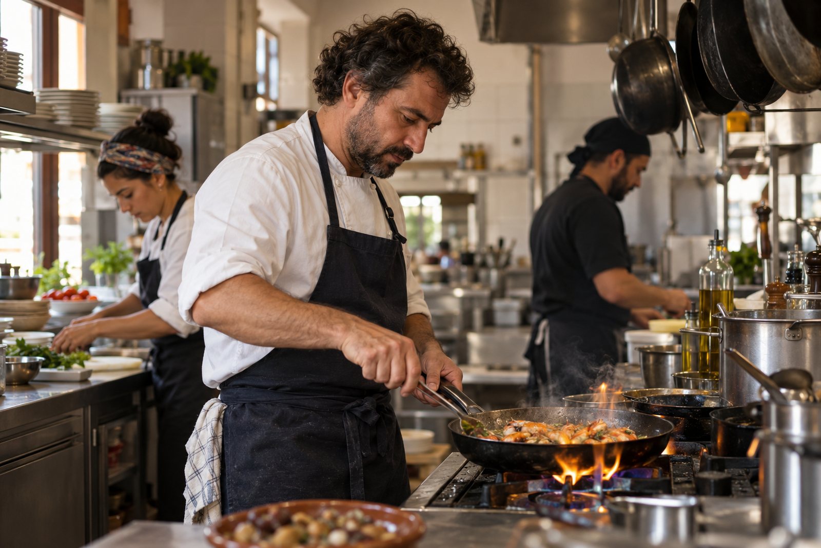 Un cocinero prepara comida entre ollas y utensilios en la cocina de un restaurante.